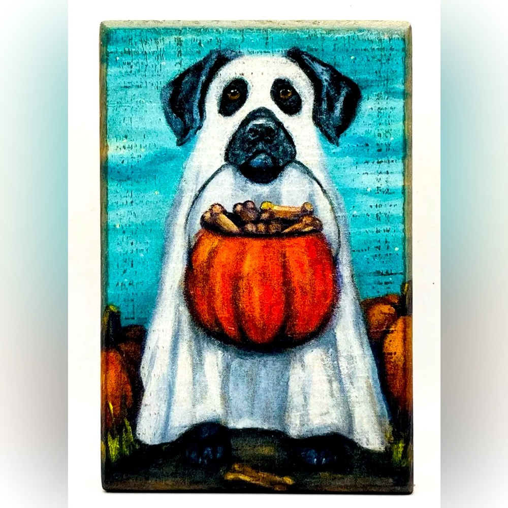 Primitives by Kathy Wood Block Sign Ghost Dog Cute Halloween Decor 6”x4”x1” NWT